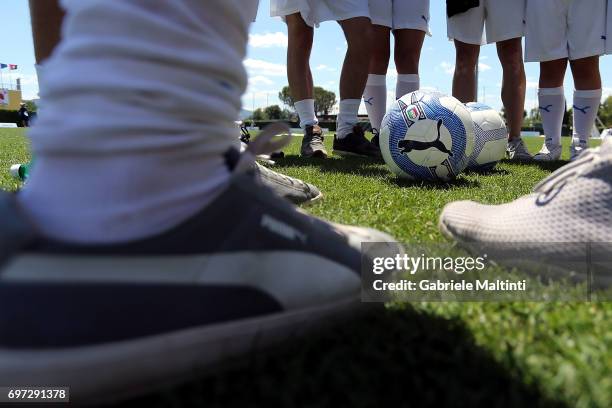 Young players take part in the Italian Football Federation during 9th Grassroots Festival at Coverciano on June 18, 2017 in Florence, Italy.