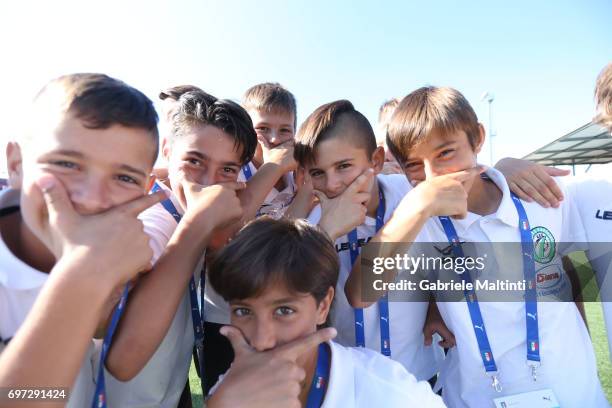 Young players pose for a photo during the Italian Football Federation during 9th Grassroots Festival at Coverciano on June 18, 2017 in Florence,...