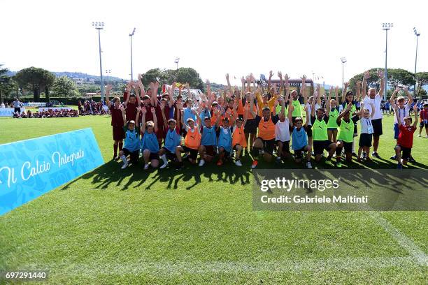 Young players pose for a photo during the Italian Football Federation during 9th Grassroots Festival at Coverciano on June 18, 2017 in Florence,...