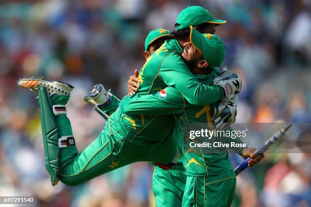 Sarfraz Ahmed of Pakistan celebrates taking the final wicket catch as Pakistan win the ICC Champions trophy cricket match between India and Pakistan...