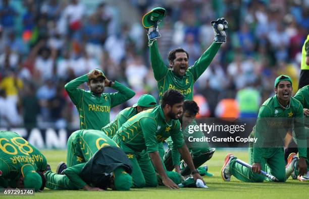 Pakistan captain Sarfraz Ahmed celebrates with a prayer after winning the ICC Champions Trophy Final between India and Pakistan at The Kia Oval on...