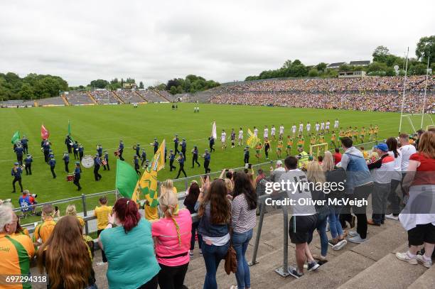 Monaghan , Ireland - 18 June 2017; A general view of the teams on parade before the Ulster GAA Football Senior Championship Semi-Final match between...