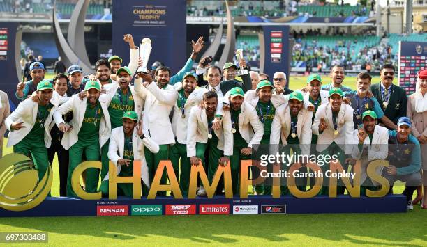 Pakistan lift the ICC Champions Trophy after beating India during ICC Champions Trophy Final between India and Pakistan at The Kia Oval on June 18,...