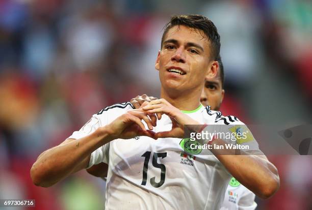 Hector Moreno of Mexico celebrates scoring his sides second goal during the FIFA Confederations Cup Russia 2017 Group A match between Portugal and...