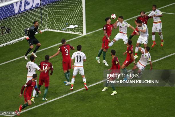 Mexico's defender Hector Moreno heads the ball to score during the 2017 Confederations Cup group A football match between Portugal and Mexico at the...