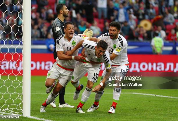 Hector Moreno of Mexico celebrates scoring his sides second goal with his Mexico team mates during the FIFA Confederations Cup Russia 2017 Group A...