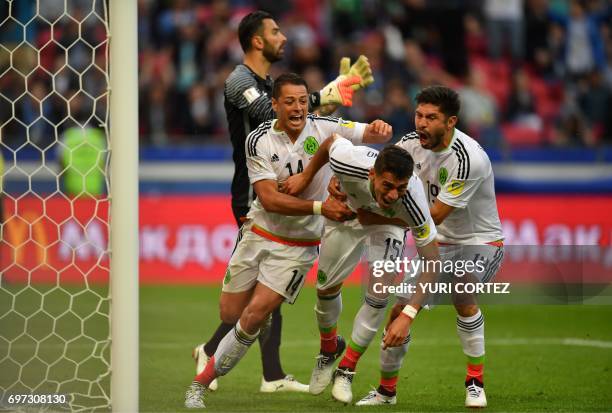 Mexico's defender Hector Moreno celebrates after scoring a goal during the 2017 Confederations Cup group A football match between Portugal and Mexico...