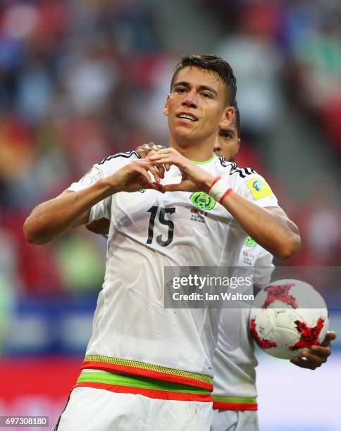 Hector Moreno of Mexico celebrates scoring his sides second goal during the FIFA Confederations Cup Russia 2017 Group A match between Portugal and...