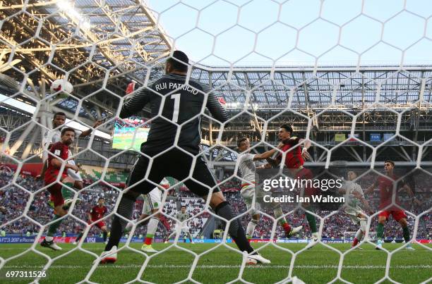 Hector Moreno of Mexico scores his sides first goal past Rui Patricio of Portugal during the FIFA Confederations Cup Russia 2017 Group A match...