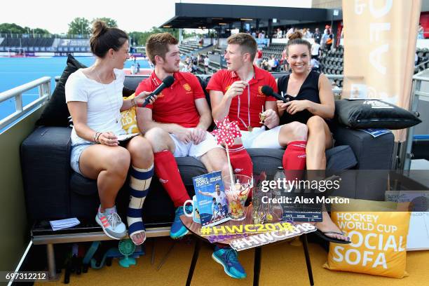 Henry Weir of England and Sam Ward of England speak to members of the England Hockey media staff on the social sofa after the Hero Hockey World...