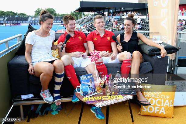 Henry Weir of England and Sam Ward of England speak to members of the England Hockey media staff on the social sofa after the Hero Hockey World...