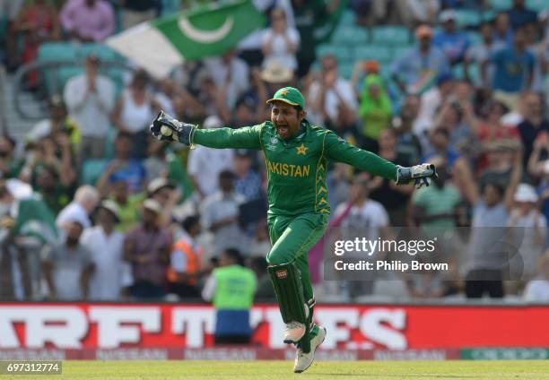 Sarfraz Ahmed of Pakistan celebrates after the final India dismissal as Pakistan won the ICC Champions Trophy final between India and Pakistan at the...