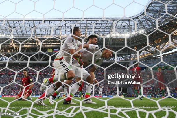Hector Moreno of Mexico celebrates scoring his sides second goal with his Mexico team mates during the FIFA Confederations Cup Russia 2017 Group A...