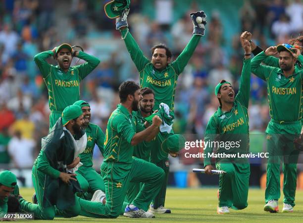 Sarfraz Ahmed of Pakistan celebrates his teams win over India during the ICC Champions Trophy Final between Pakistan and India at The Kia Oval on...