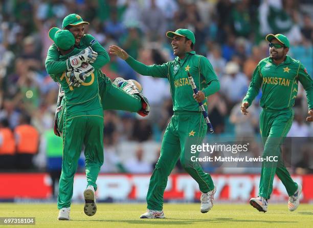 Sarfraz Ahmed of Pakistan celebrates his teams win over India during the ICC Champions Trophy Final between Pakistan and India at The Kia Oval on...