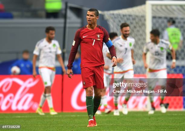 Cristiano Ronaldo of Portugal reacts to Mexico scoring their sides second goal during the FIFA Confederations Cup Russia 2017 Group A match between...