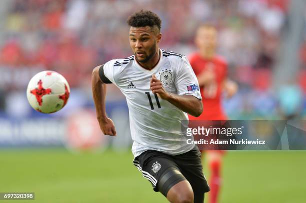 Serge Gnabry of Germany in action during the UEFA European Under-21 Championship Group C match between Germany and Czech Republic at Tychy Stadium on...