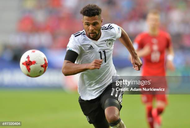 Serge Gnabry of Germany in action during the UEFA European Under-21 Championship Group C match between Germany and Czech Republic at Tychy Stadium on...