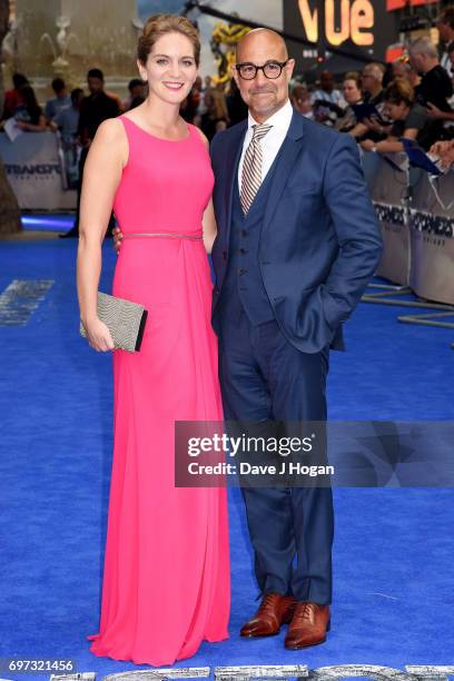 Felicity Blunt and Stanley Tucci attend the global premiere of "Transformers: The Last Knight" at Cineworld Leicester Square on June 18, 2017 in...