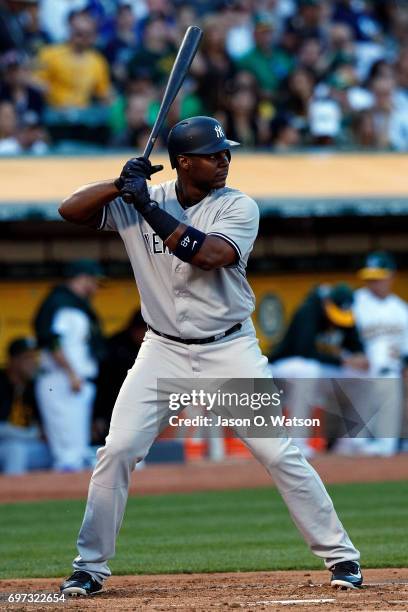 Chris Carter of the New York Yankees at bat against the Oakland Athletics during the second inning at the Oakland Coliseum on June 15, 2017 in...