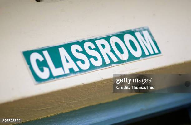 Kakamega County, Kenya Close up of a sign saying "classroom" at the Bukura Agricultural Training Center in Kakamega County on May 16, 2017 in...