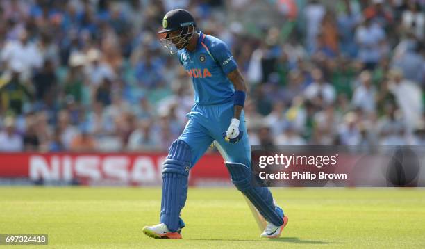 Hardik Pandya of India after being run out during the ICC Champions Trophy final match between India and Pakistan at the Kia Oval cricket ground on...