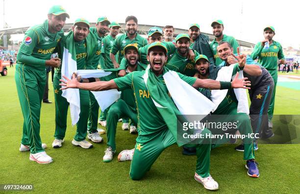 The Pakistan side celebrate victory during the ICC Champions Trophy Final match between India and Pakistan at The Kia Oval on June 18, 2017 in...