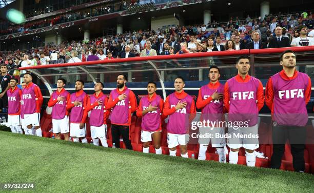 The Chile team take part in their national anthem prior to the FIFA Confederations Cup Russia 2017 Group B match between Cameroon and Chile at...