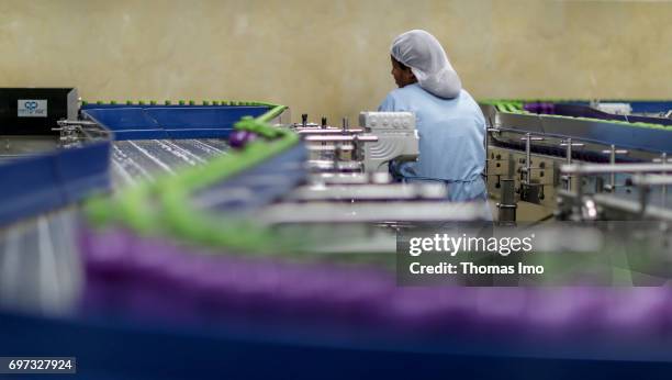 Thika, Kenya An African employee sits on a conveyor belt, on which plastic bottles are transported. Production of juice at beverage manufacturer...