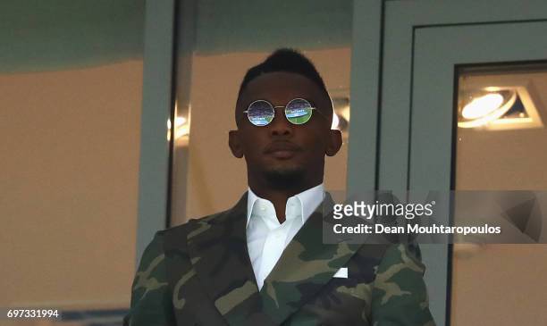Legend Samuel Eto'o is seen in the stand prior to the FIFA Confederations Cup Russia 2017 Group B match between Cameroon and Chile at Spartak Stadium...