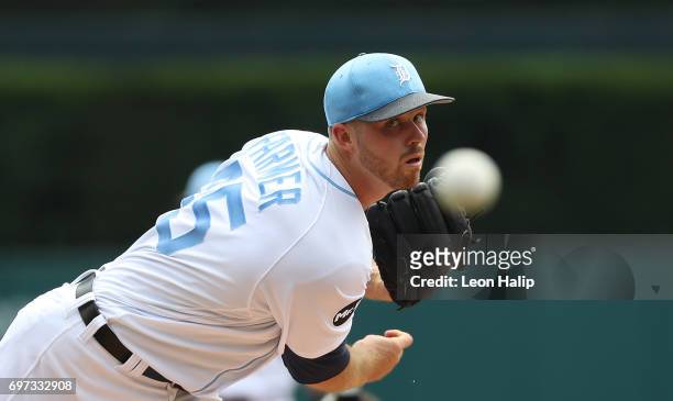 Buck Farmer of the Detroit Tigers warms up prior to the start of the game against the Tampa Bay Rays on June 18, 2017 at Comerica Park in Detroit,...
