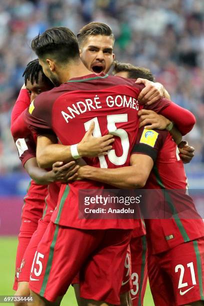 Players of Portugal celebrate after scoring a goal during the FIFA Confederations Cup 2017 group A soccer match between Portugal and Mexico at...