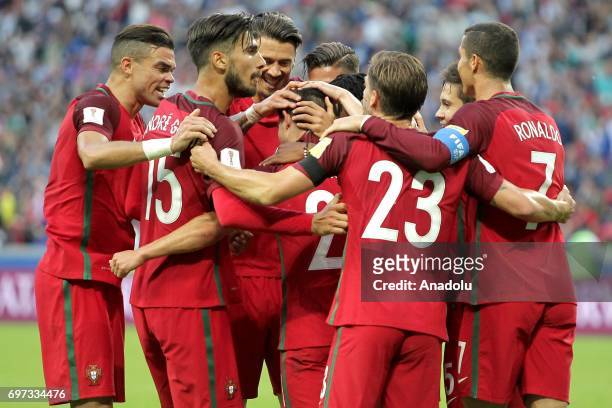 Players of Portugal celebrate after scoring a goal during the FIFA Confederations Cup 2017 group A soccer match between Portugal and Mexico at...