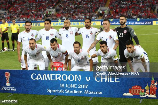 The Chile team pose for a team photo prior to the FIFA Confederations Cup Russia 2017 Group B match between Cameroon and Chile at Spartak Stadium on...