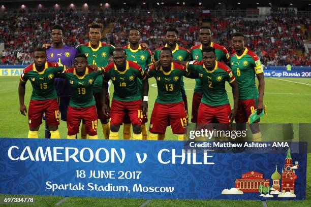 The Cameroon players line up for a team photo during the FIFA Confederations Cup Russia 2017 Group B match between Cameroon and Chile at Spartak...