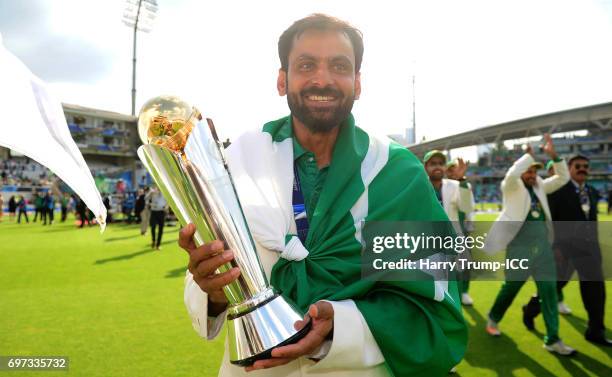 Mohammed Hafeez of Pakistan celebrates with the trophy during the ICC Champions Trophy Final match between India and Pakistan at The Kia Oval on June...