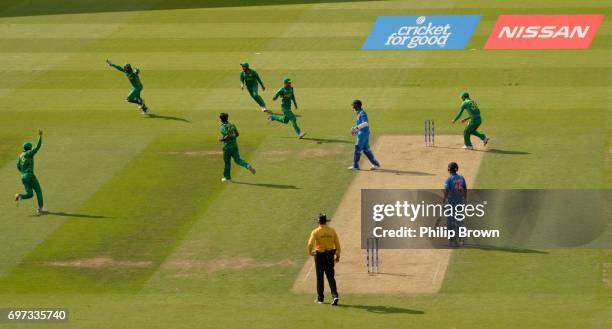 Pakistan celebrate after the dismissal of Jasprit Bumrah of India as they won the ICC Champions Trophy final match between India and Pakistan at the...