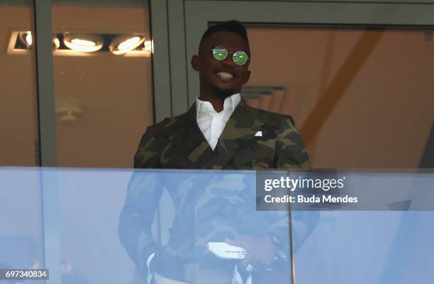 Legend Samuel Eto'o is seen in the stand prior to the FIFA Confederations Cup Russia 2017 Group B match between Cameroon and Chile at Spartak Stadium...