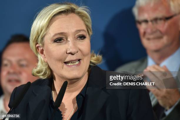 France's far-right National Front leader and parliamentary candidate Marine Le Pen after the polls closed during the second round of the French...