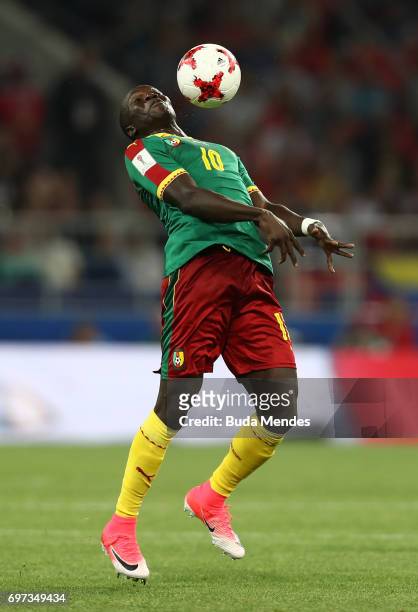 Vincent Aboubakar of Cameroon controls the ball during the FIFA Confederations Cup Russia 2017 Group B match between Cameroon and Chile at Spartak...