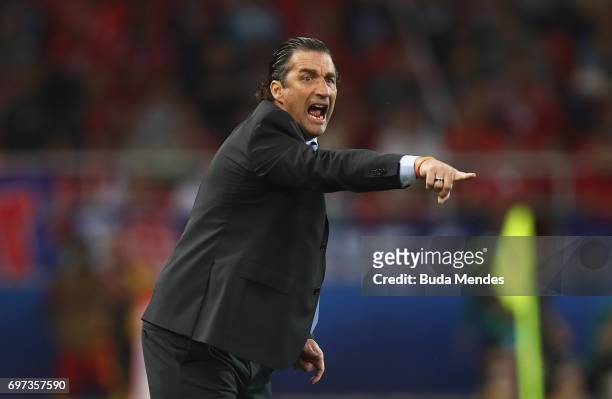 Juan Antonio Pizzi of Chile gestures during the FIFA Confederations Cup Russia 2017 Group B match between Cameroon and Chile at Spartak Stadium on...