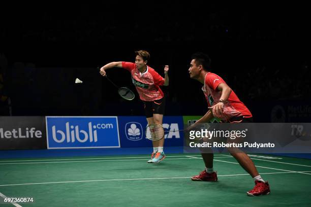 Tontowi Ahmad and Liliyana Natsir of Indonesia compete against Zheng Siwei and Chen Qingchen of China during Mixed Double Final match of the BCA...