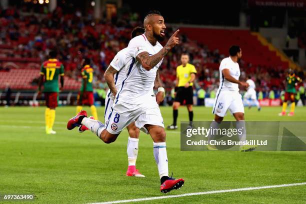 Arturo Vidal of Chile celebrates after scoring the first goal for Chile during the 2017 FIFA Confederations Cup Russia Group B match between Cameroon...