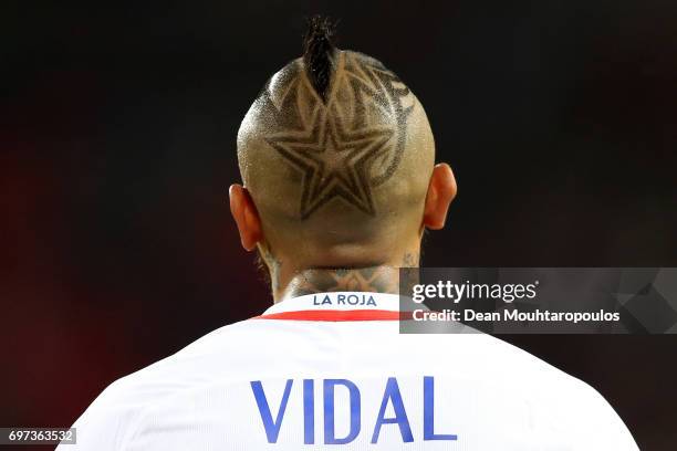 Arturo Vidal of Chile looks on during the FIFA Confederations Cup Russia 2017 Group B match between Cameroon and Chile at Spartak Stadium on June 18,...