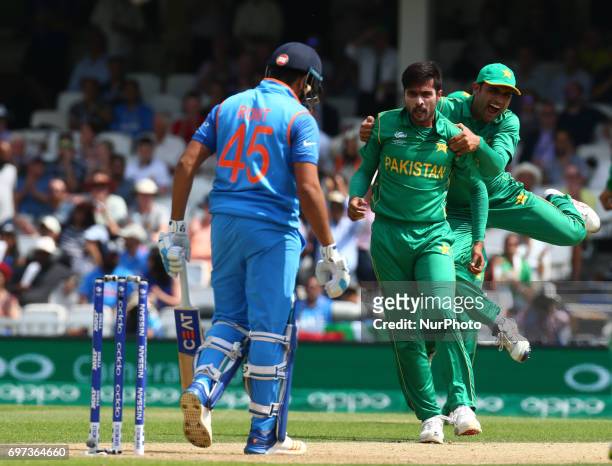 Muhammad Amir of Pakistan gets LBW on Rohit Shama of India during the ICC Champions Trophy Final match between India and Pakistan at The Oval in...