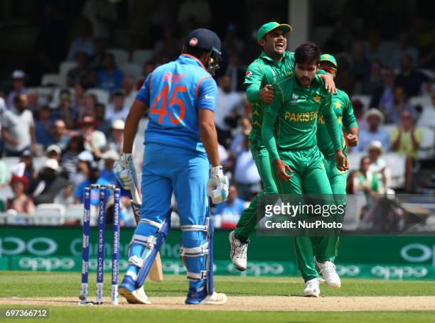 Muhammad Amir of Pakistan gets LBW on Rohit Shama of India during the ICC Champions Trophy Final match between India and Pakistan at The Oval in...