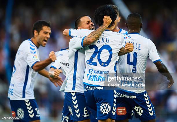 Gaku Shibasaki of CD Tenerife celebrates after scoring the first goal for CD Tenerife with his team mate Victor Jode Anino "Vitolo" of CD Tenerife...