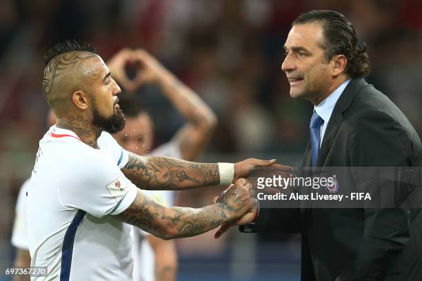 Arturo Vidal o Chile celebrates his sides second goal wiith Juan Antonio Pizzi of Chile during the FIFA Confederations Cup Russia 2017 Group B match...