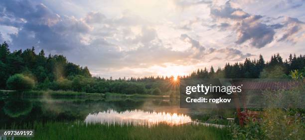 dawn over the river in silent summer day - fog camper stock pictures, royalty-free photos & images