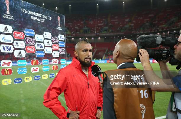 Arturo Vidal of Chile is interviewd after the FIFA Confederations Cup Russia 2017 Group B match between Cameroon and Chile at Spartak Stadium on June...